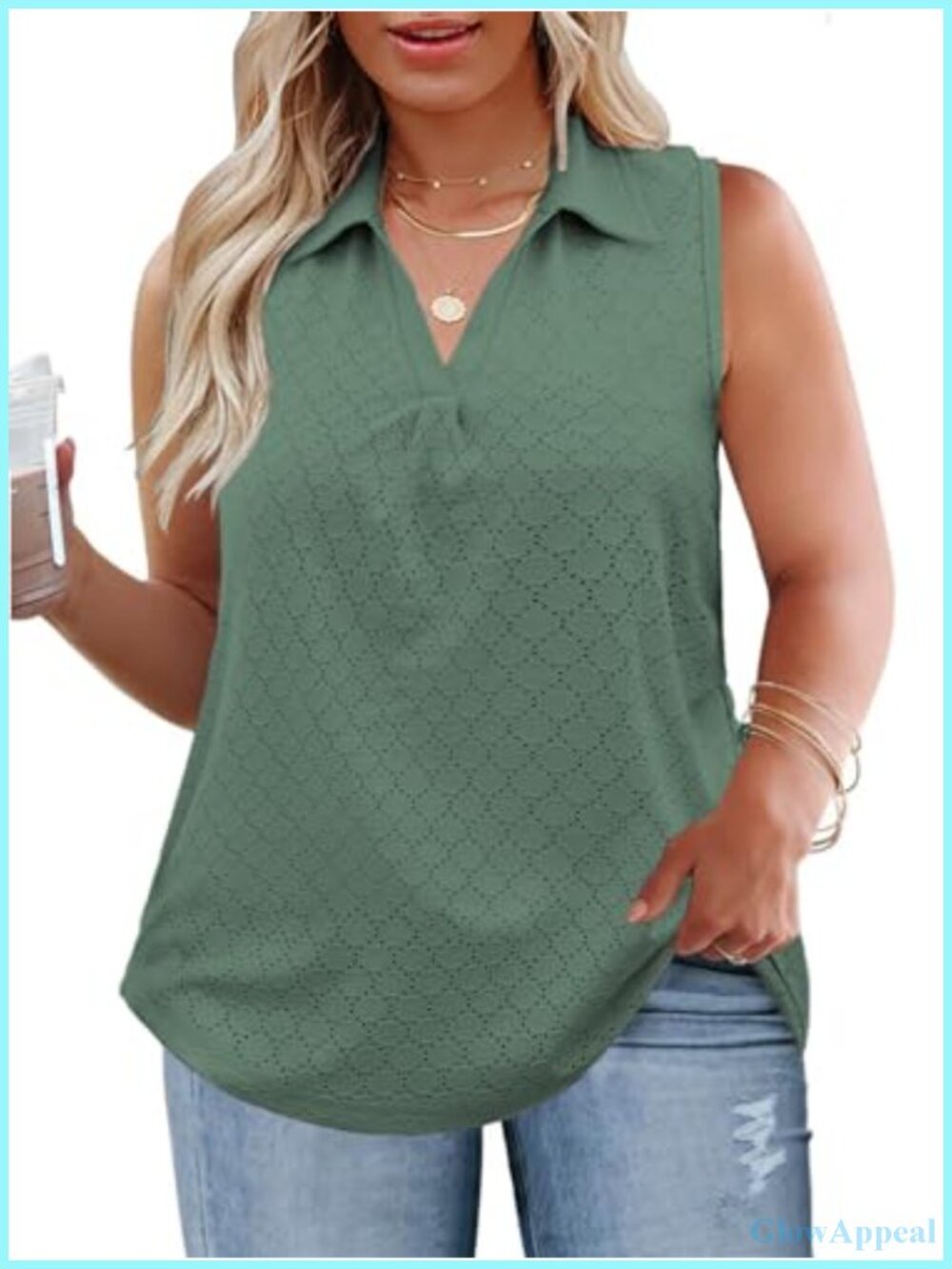Plus Size Sleeveless Tank Top V Neck Eyelet Casual Tunic Tee Stretchable